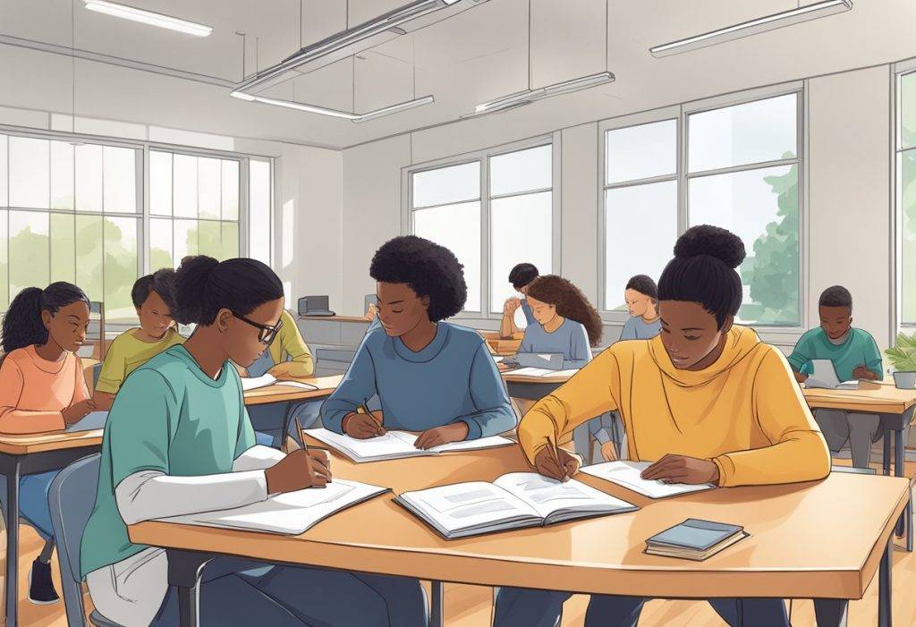 Alunos estudando em grupo em uma sala de aula. 